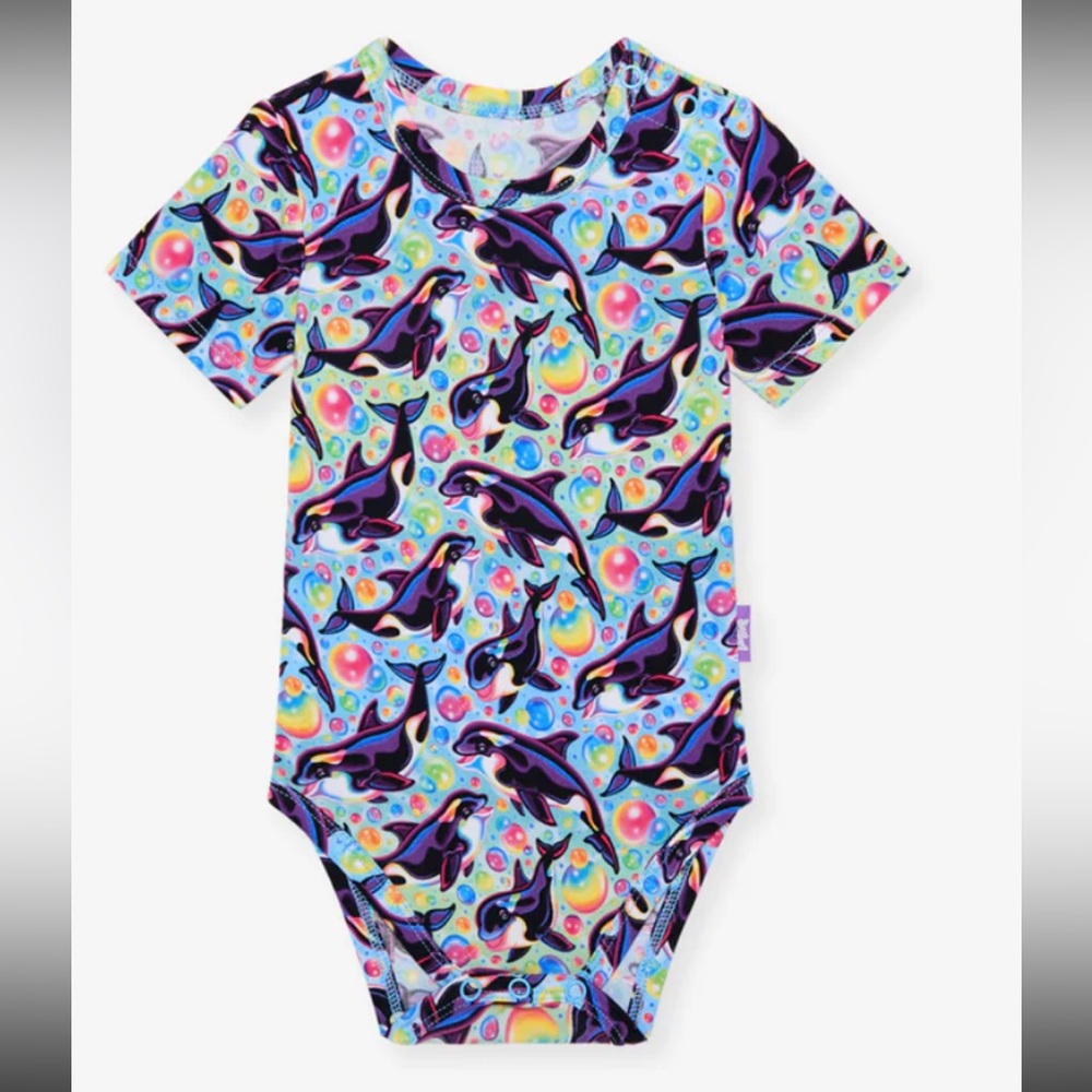 NWT Lisa Frank x Posh Peanut "Max Splash" Whale Print Bodysuit Onesie- Unisex